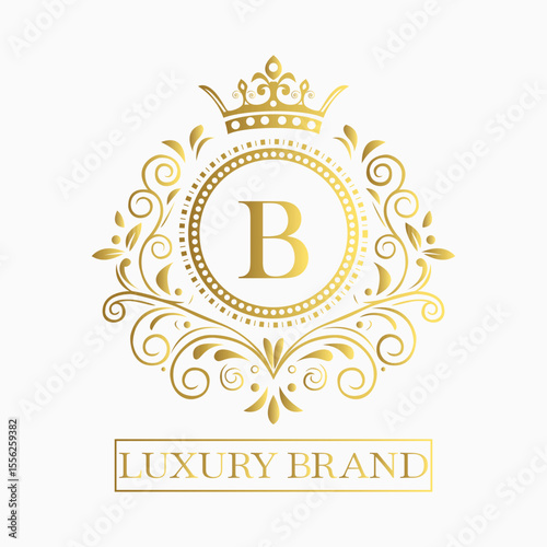 Luxurious and elegant logo design with a stylized letter B in gold featuring regal floral embellishments