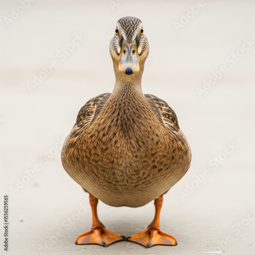 Front View of Brown Duck Standing Isolated on White Background