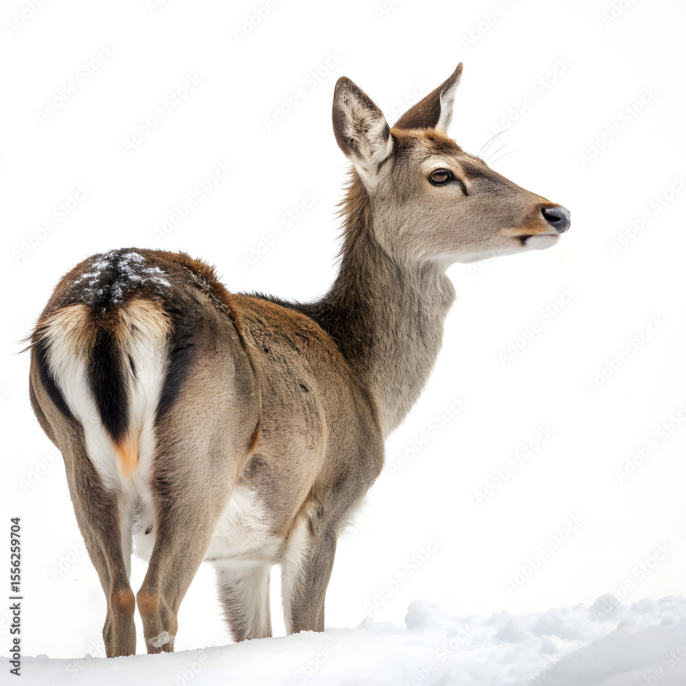 Fototapeta premium A female deer stands in the snow, isolated on transparent background, her gaze directed to the side, a winter wildlife portrait