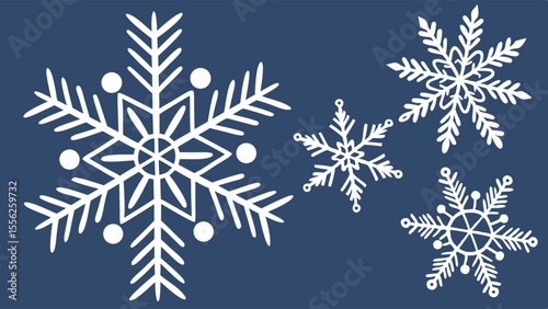 Geometric Snowflakes: White Winter Crystals on Deep Blue Ground.