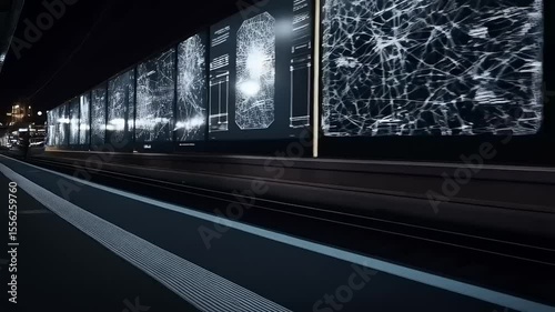 Subway Station Illuminated: Passengers Wait Amidst Modern Art Installation in Gloom