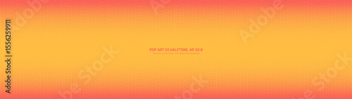 Pop art halftone pattern faded horizontal frame ultra wide 32:9 aspect ratio yellow red vector abstract background. Wavy dotted half tone texture panoramic format psychedelic style graphic abstraction