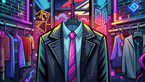 A matte black skinny tie, slim and minimalist, hangs from a hanger next to a leather jacket. Graffiti walls, neon signs, and city lights blur in the backdrop, hinting at nightlife culture and youthful