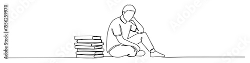 tired student sitting with books line drawing