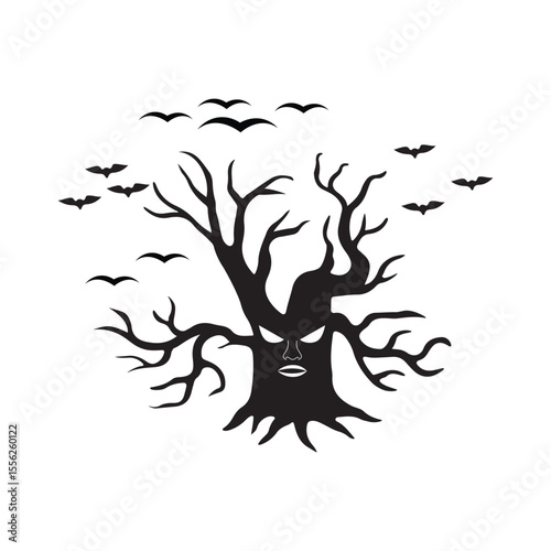 Spooky Halloween Tree Illustration Bats, Creepy Branches, and a Ghastly Face