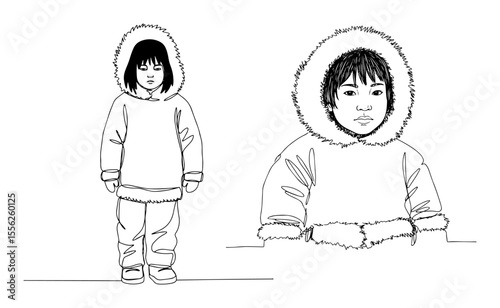 two inuit children standing in winter clothing
