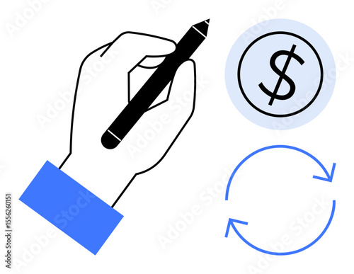 Hand with pen symbolizing planning near dollar coin and reuse arrows. Ideal for finance, budgeting, savings, investment, transactions, workflow, productivity concepts. Simple flat metaphor