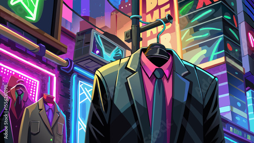 A matte black skinny tie, slim and minimalist, hangs from a hanger next to a leather jacket. Graffiti walls, neon signs, and city lights blur in the backdrop, hinting at nightlife culture and youthful
