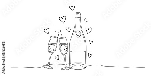 champagne bottle and glasses with hearts