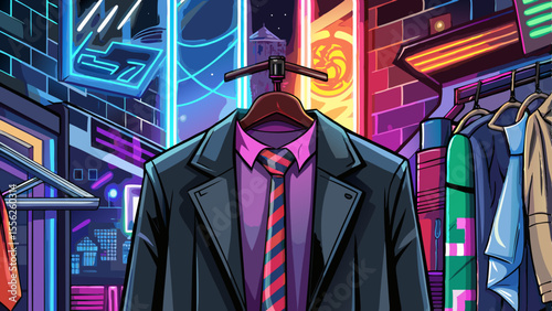 A matte black skinny tie, slim and minimalist, hangs from a hanger next to a leather jacket. Graffiti walls, neon signs, and city lights blur in the backdrop, hinting at nightlife culture and youthful