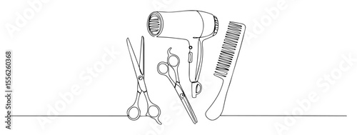 hairdresser tools arranged in line drawing