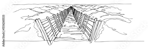 long military trench in battlefield perspective
