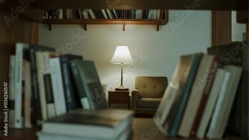 Cozy reading corner with bookshelves, a lamp, and an armchair