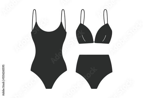 Black silhouette of a one piece swimsuit and a bikini set on a white background