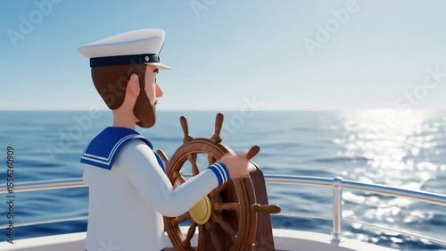 Animated Sailor at the Helm: Navigating the Open Sea in a Cartoon Style Video