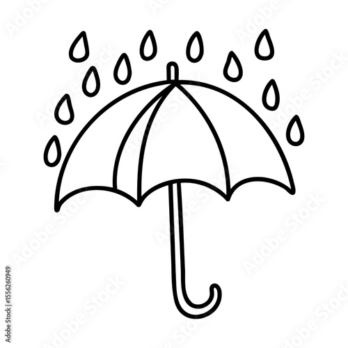 Black line art umbrella with raindrops on white background