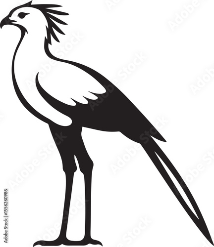 Secretary bird silhouette elegant black and white, Tall bird vector minimal line drawing