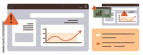 Data visualizations with line graph, notifications, caution signs on browser screen. Ideal for analytics, cybersecurity, forecasting, risk management, online monitoring, business insights simple