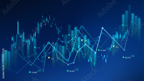 Visualization of financial data displaying fluctuating stock prices and trading volumes over time. The charts use vibrant colors to highlight trends, indicators, and metrics.