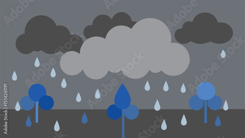 Minimalist rainy day illustration featuring clouds raindrops and simple trees on a gray background