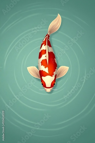 Wave-style koi fish swimming in circular motion, coral red and soft cream color scheme, minimalist pond ripple background in celadon, elegant overhead view, clean vector shot