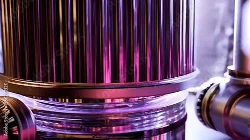 Close-Up on Shiny Metallic Machinery with Glass Cylinders and Pink Illumination
