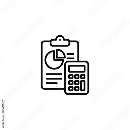 Icon depicting financial analysis using a calculator and a report with pie chart.