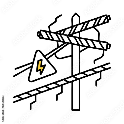Broken electric power pole with hazard warning sign. Danger of electric shock concept. Vector icon in outline style