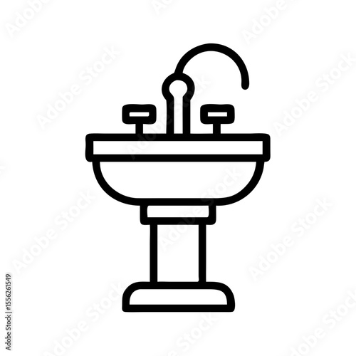 Toiletries sink or wash basin with faucet and knobs, for bathroom, home, plumbing concept. Vector icon or symbol in outline style as part of collection