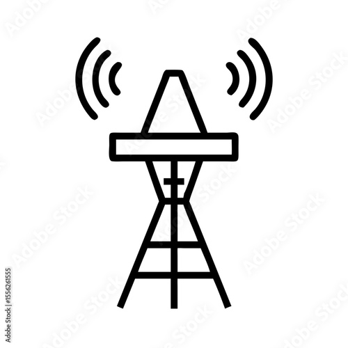Communication tower with signal waves. Outline icon depicting broadcast, radio, or cell network transmission. Vector icon for website, app, infographic