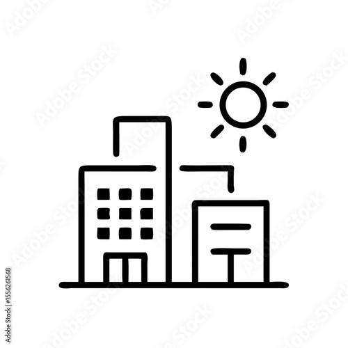 City building and skyscraper outline with sun icon. Home and office architecture concept. Vector icon for website, app, UI, web