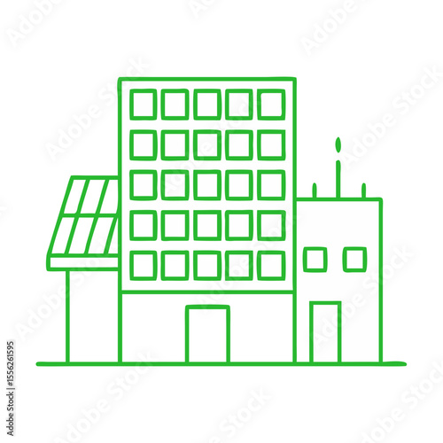 Modern city building with solar panel and antenna line icon in doodle style. Green energy concept. Vector icon for website, app design