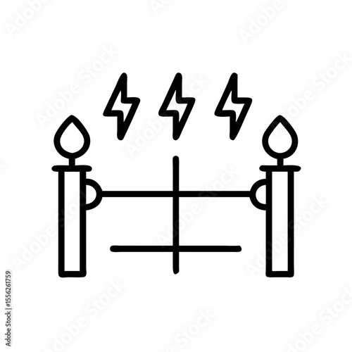 Electric fence with two posts and lightning bolts above. Concept of security and danger. Vector icon in line style for web design.