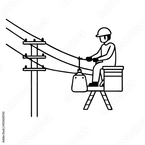Man telecom engineer repairing telephone line infrastructure on electric pole with bucket lift. Job profession concept vector icon for service