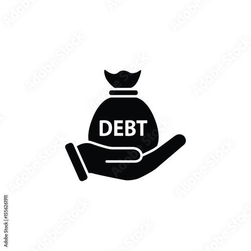 Black and white illustration of a hand holding a money bag with the word 'DEBT' on it.