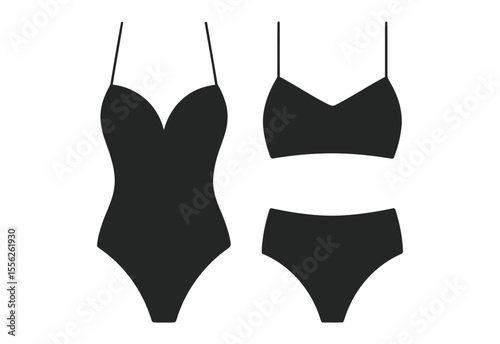 Black silhouette of a one piece swimsuit and a bikini set on white background