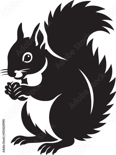 Squirrel silhouette holding nut nature logo, Cute forest animal in black and white art