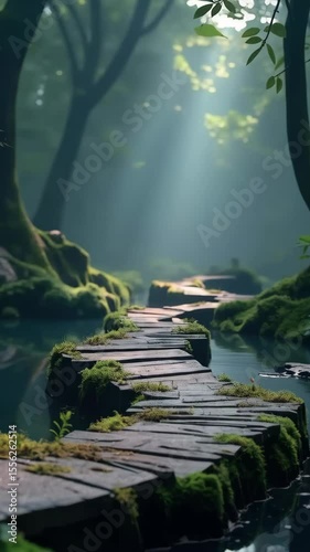 Paranormal legends about wander along a mystical path in the foggy forest, where light breaks through creepy trees
