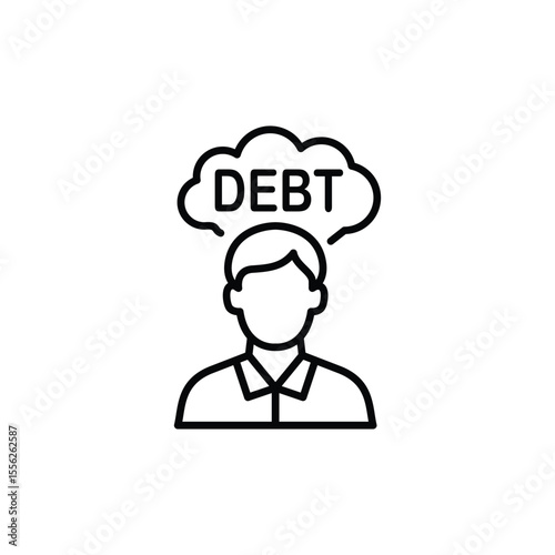 A simple line art icon illustrating a person burdened by financial debt. The word 'Debt' appears in a thought bubble above the person's head.
