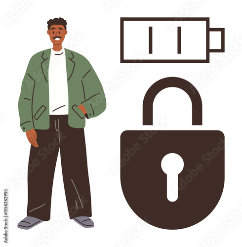 Smiling man in casual outfit stands by low battery and lock icons. Ideal for concepts thumbs up energy management, security, productivity, health, technology, lifestyle, motivation. Simple flat