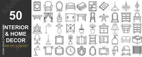 50 Line Art Vector Icons Representing Modern Interior Design and Home Furnishings Including Living Room, Bedroom, Kitchen, and Bathroom Accessories for Stylish Home Decor Projects and UI Interfaces