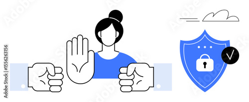 Woman with raised hand signal, two fists, security shield with lock and checkmark, symbolizing protection, boundaries, cybersecurity, safety, privacy prevention and control. Ideal for personal