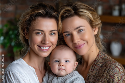 Family portrait of three: A loving family captured, featuring a child with two mothers, embracing the warmth of togetherness and familial love. 
