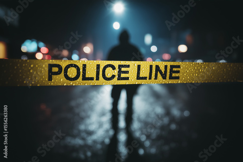 A glowing yellow police line cuts through the rainy night, its LED-lit letters casting reflections as investigators work a shadowy crime scene under city lights and thick fog.










