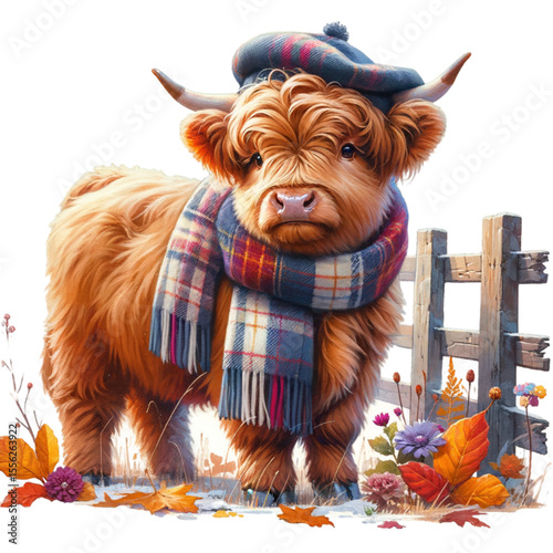 Highland Cow in Autumnal Attire: A charming highland cow, adorned in a plaid scarf and hat, exudes warmth and autumnal coziness amidst a backdrop of falling leaves and flowers. 