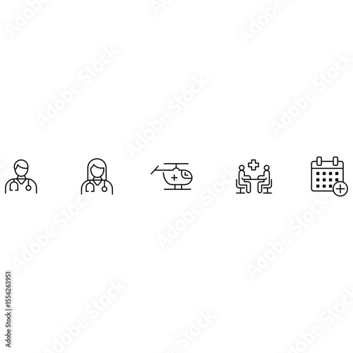Medical consultation appointment icon set with doctor nurse emergency helicopter and patient care outline vector illustration for healthcare interface.