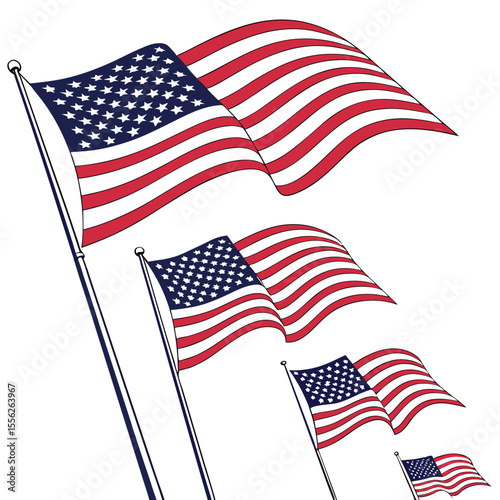 Multiple artistic representations of the american flag waving in the wind