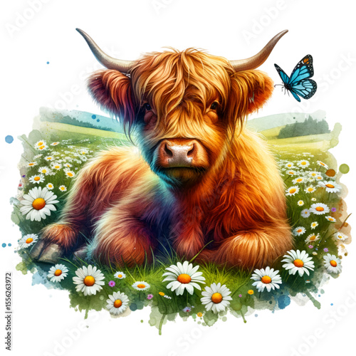 Highland Cow's Serenity: A charming highland cow relaxes contentedly within a vibrant meadow, accented by delicate wildflowers and a fluttering butterfly, creating a heartwarming visual scene.