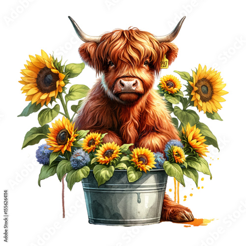 Highland Cow Sunflower Delight: An adorable highland cow nestled in a flowerpot overflowing with sunflowers, a vibrant celebration of nature and whimsy.