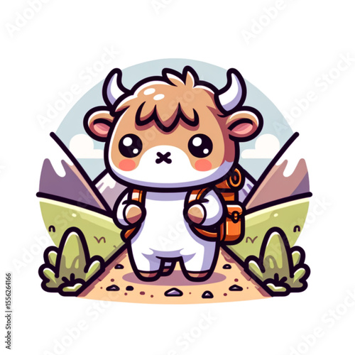Adventure's Call: A cute animated cow, ready for an outdoor journey, with a backpack and eager to explore